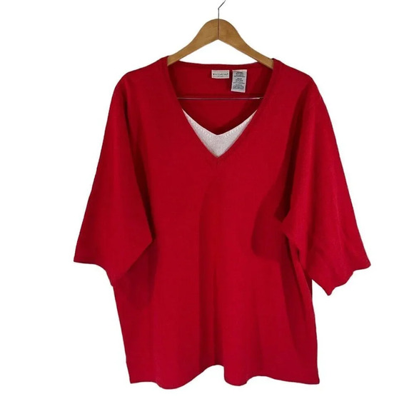 White Stag Red Knit Top Plus 22W 24W White Trim V Neck Half Sleeve Pullover - Picture 1 of 4